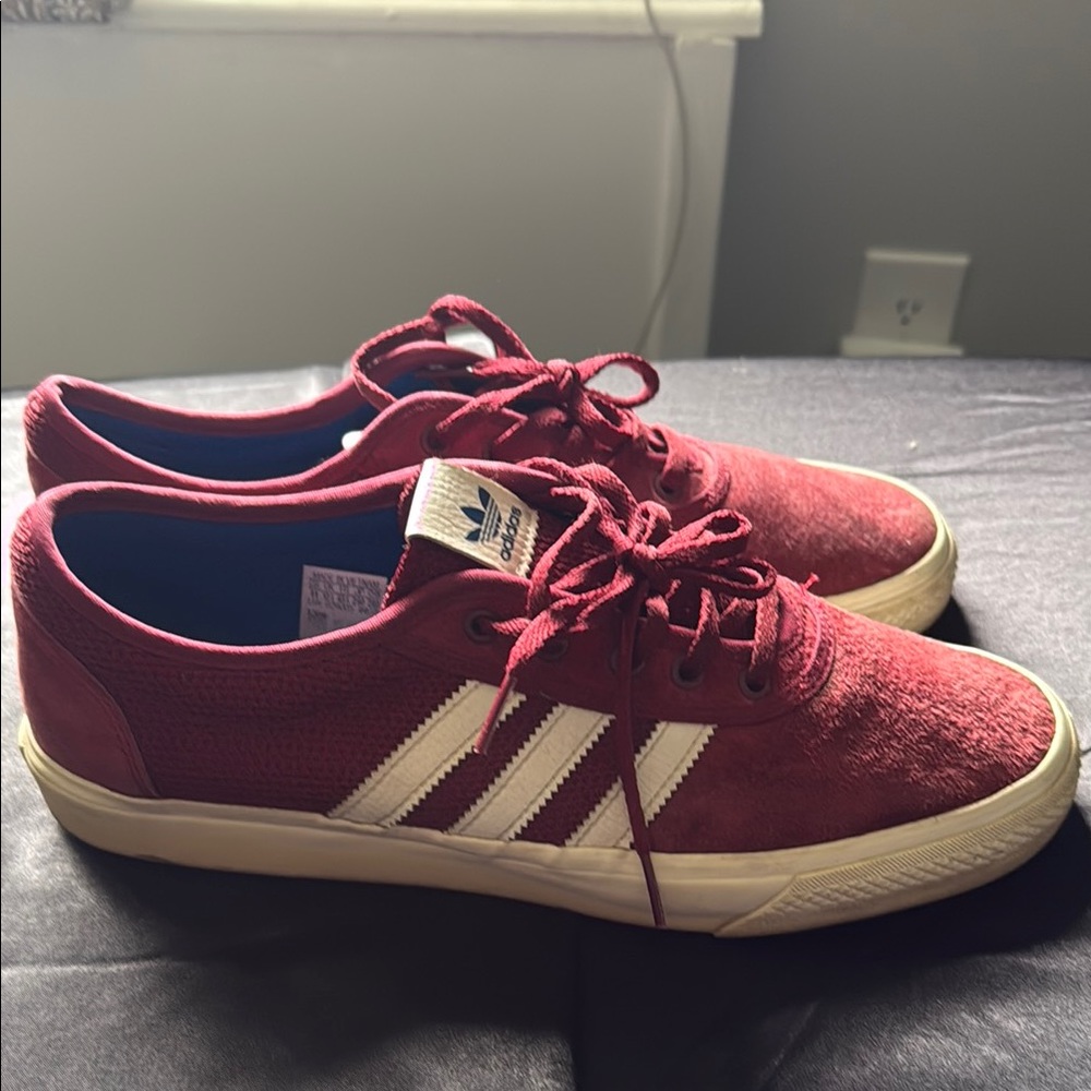 Adidas Red Suede Sneakers with White Stripes